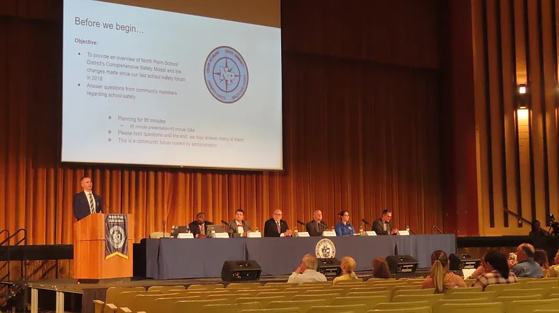 North Penn Superintendent Todd Bauer, at podium, outlines the objectives of a school safety forum at North Penn High School on Tuesday, May 14 2024.