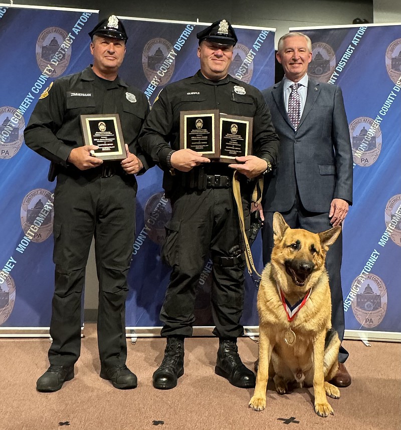 Philadelphia Police Officers Zimmerman, Quirple, and K-9 Patton with Montgomery County District Attorney Kevin R. Steele.