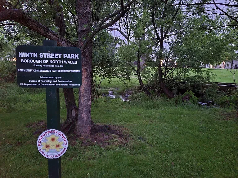 A stream can be seen running through Ninth Street Park in North Wales on a rainy Tuesday, May 14 2024.