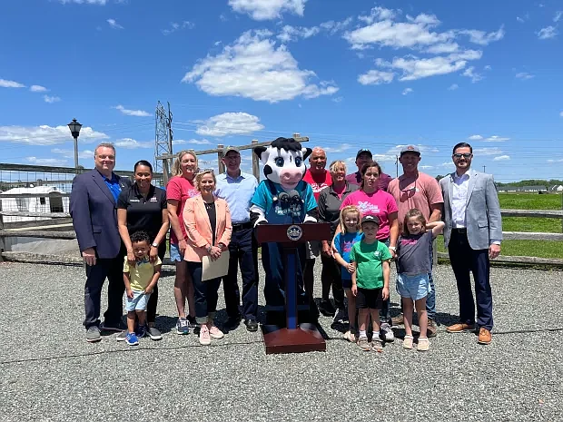 Elected officials, state representatives and family members associated with Merrymead Farm gather for a photo as the Ice Cream Trail kicks off on May 30, 2024 at the dairy farm in Worcester Township.