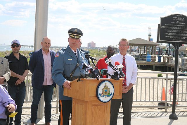 Police Chief Bill Campbell, flanked by Mayor Jay Gillian at right, outlines Ocean City's response to the trouble over the Memorial Day weekend.