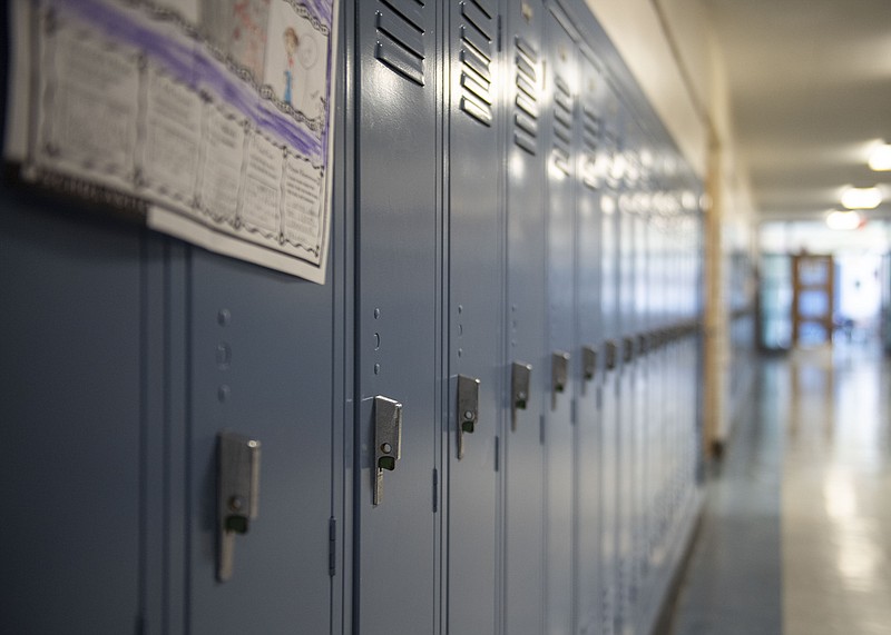 A row of lockers at Bennetts Valley Elementary School in Weedville, Pennsylvania on April 5, 2023. (Credit: Nate Smallwood / Spotlight PA)