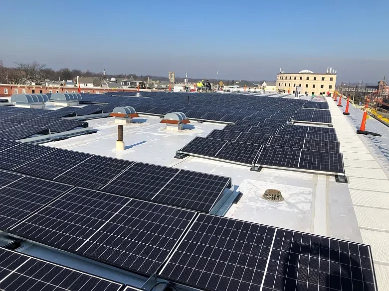 On Wednesday, January 13, 2021, rows of newly installed solar panels can be seen on the roof of Lansdale City Hall.