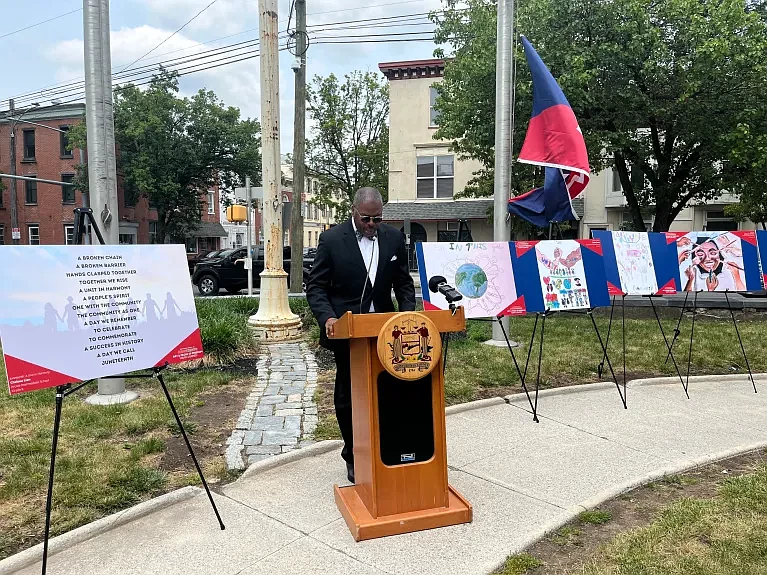 Montgomery County Court of Common Pleas Judge Virgil B. Walker recites the Emancipation Proclamation on June 15, 2023, before the raising of the Juneteenth flag in Montgomery County. (Credit: Rachel Ravina / MediaNews Group)