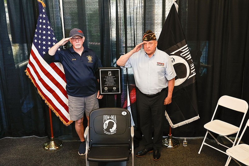 Jerry Bonner, left, of American Legion Post 524, and VFW Post 6650 Commander Mike Morrissey salute during the honorary presidency ceremony.  (Photo courtesy of Ocean City and Kerri J Photography)