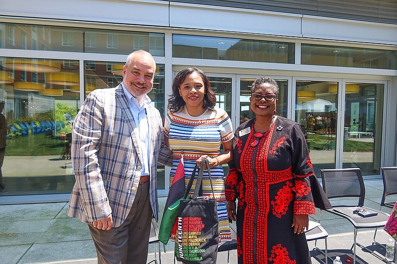 Stockton University President Joe Bertolino, Lt. Gov. Tahesha Way and Stockton Executive Vice President Terricita Sass at Stockton’s Juneteenth celebration in Atlantic City. (Photos by Lizzie Nealis/Stockton University)