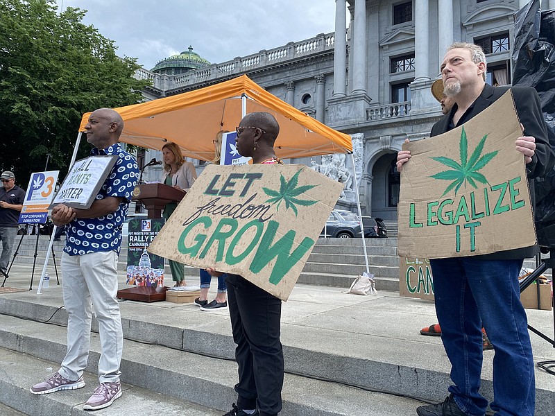Supporters of legalizing cannabis for adult use rally outside the state Capitol in Harrisburg on June 27, 2023. (Credit: Ed Mahon / Spotlight PA)