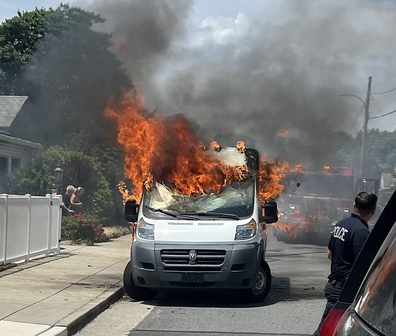 A U.S. Postal Service truck was consumed by fire injuring a Postal Service worker. (Courtesy Margate City Fire Department)