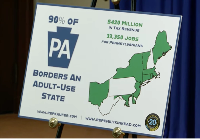 Arguing for their adult-use legalization bill, Reps. Aaron Kaufer, R-Luzerne, and Emily Kinkead, D-Bellevue, show neighboring states that have already legalized and suggest doing so would bring hundreds of millions and tens of thousands of jobs to Pennsylvania. (Credit: Pennsylvania House of Representatives)