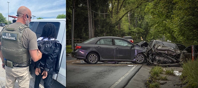 Left: Jabrial Terry, 27, being taken into custody at a relative's home on Tuesday in West Philadelphia. Right: an image of the May 4 crash on Skippack Pike. (Credit: US Marshals / James Short)