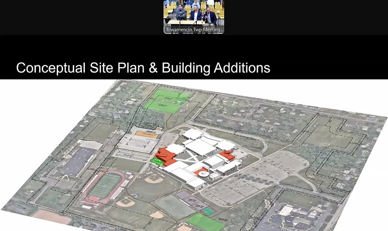 North Penn School District officials, inset, show Towamencin’s supervisors an outline of North Penn High School, with potential new additions outlined in red, and a possible relocation of the district’s transportation center at left, during the June 26, 2024 township supervisors meeting.