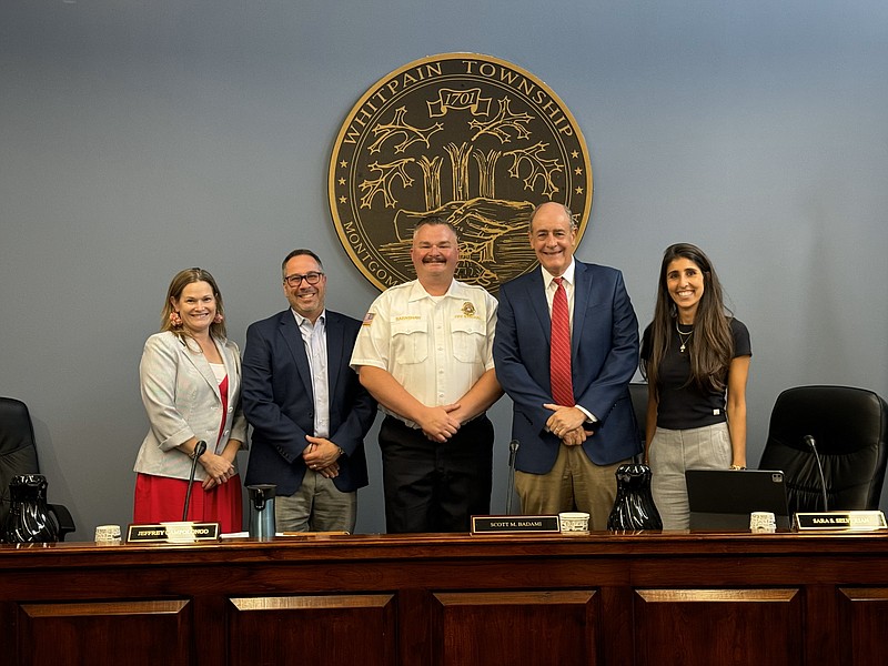 (Credit: Whitpain Township)

From left, Supervisor Joyce Keller, Supervisor Jeff Campolongo, newly sworn-in Fire Marshal Michael Barnshaw, Chair Scott Badami, and Supervisor Sara Selverian are all smiles at Whitpain Township's board meeting on July 2. Barnshaw will serve as the township's fire marshal, as he was officially recommended for the position to Gov. Josh Shapiro.