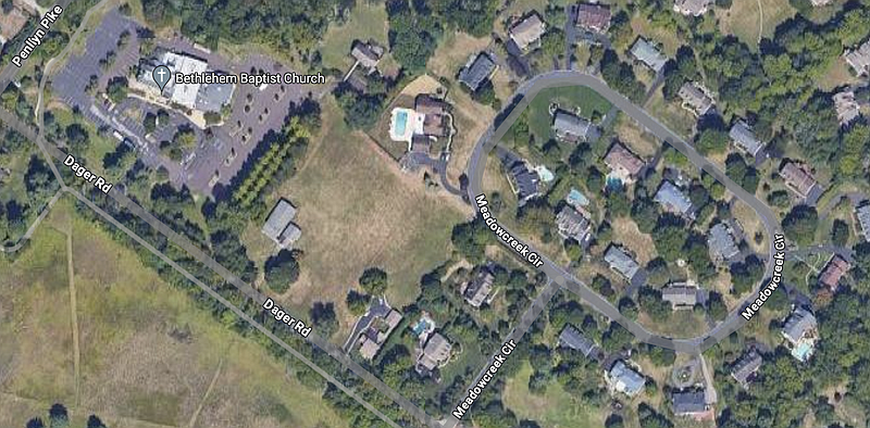 (Credit: Google Maps) Residents of Meadowcreek Circle, seen at right, are concerned over the "religious uses" application of the Bethlehem Baptist Church, which neighbors say gives the church too much leeway.