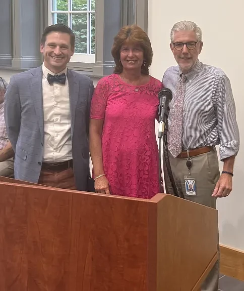 Longtime Lansdale Borough employee Eileen Nacarella, center, was honored by Mayor Garry Hebert, left, and borough Manager John Ernst for a 50-year career with the town on Wednesday, July 17 2024.