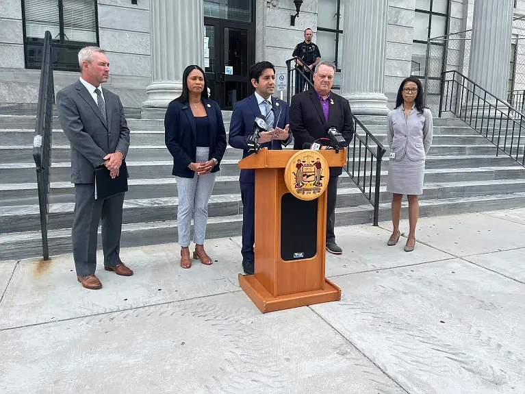 Montgomery County Commissioners’ Vice Chairman Neil Makhija shares details about plans for a new emergency behavioral health crisis center during a July 22 press conference in downtown Norristown. (Credit: Rachel Ravina / MediaNews Group)