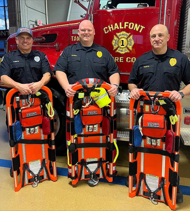 Pictured with the FAST Boards are, from left to right, Tedd Fabryk (Chalfont Firefighter/Engineer & Grants Chair), Nick Marino (Chalfont Fire Chief), and Andrew Temple (Lieutenant 74-1 & Chalfont Fire Company President). [Photo credit: Chalfont Fire Company]