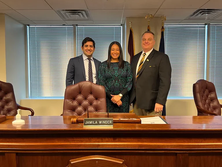 Members of the Montgomery County Board of Commissioners gather for a photo following a reorganization meeting on Jan. 2, 2024 in Norristown. Pictured, from left, is Montgomery County Commissioners’ Vice Chairman Neil Makhija, Chairwoman Jamila Winder and Commissioner Tom DiBello. (Credit: Rachel Ravina / MediaNews Group)