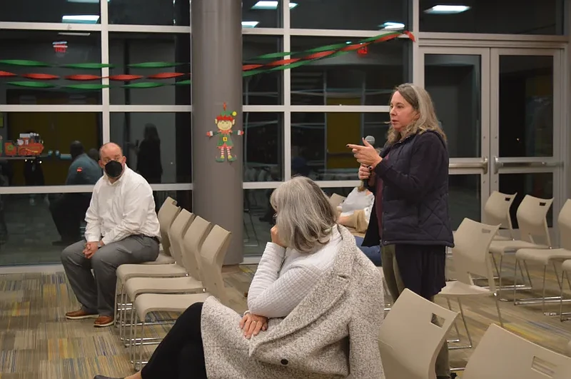 Julia Menzo, of Lansdale, speaks during a public hearing about federal Hurricane Ida recovery dollars Wednesday night in Montgomeryville. (Credit: Rachel Ravina / MediaNews Group)