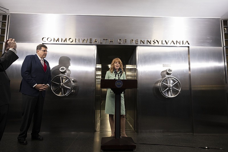 Pennsylvania Treasurer Stacy Garrity at a press conference in 2023 speaking about making it easier for people to have unclaimed money or property returned. (Credit: Commonwealth Media Services)