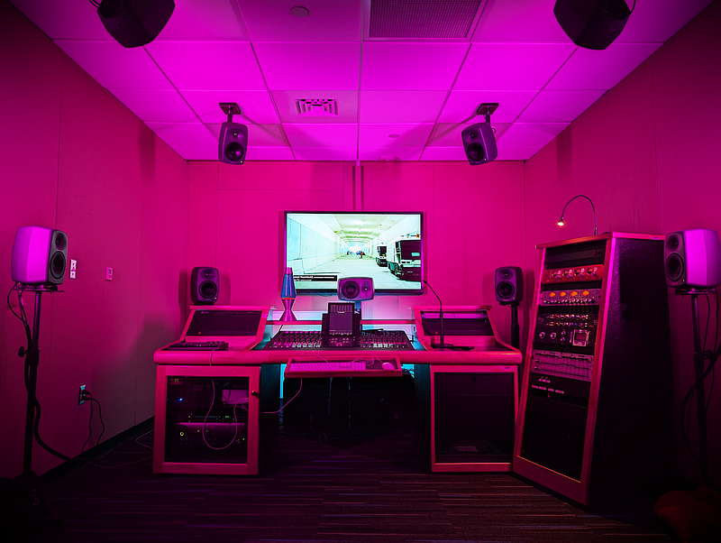 The second Dolby Atmos Mixing Suite at Montgomery County Community College’s Blue Bell Campus provides cutting-edge educational opportunities in sound technology and music production. (Photo by Shawn Sealer)