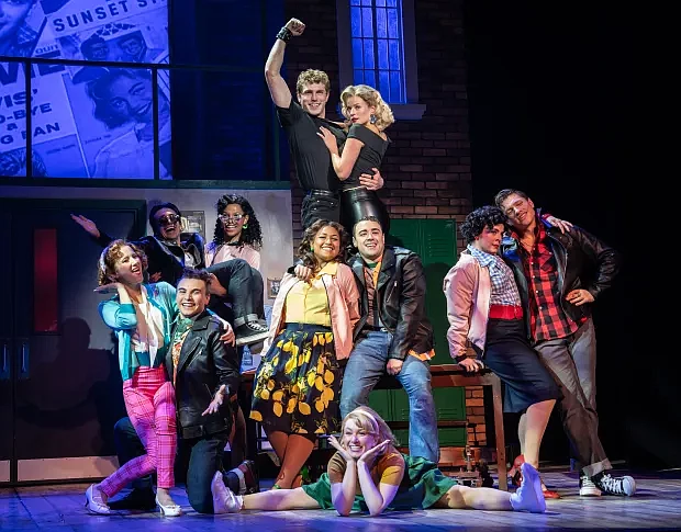 The cast of “Grease” at Bucks County Playhouse through September 8.