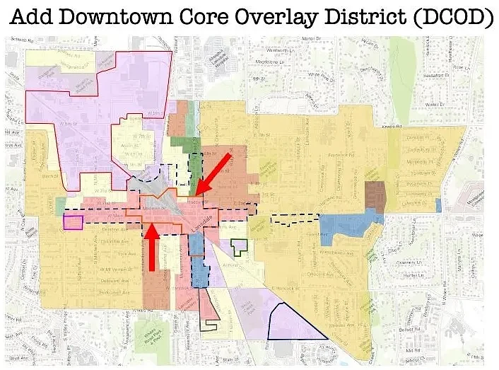 A map of Lansdale's proposed downtown business overlay district update, including a new downtown core area proposed along parts of Main and Broad streets.