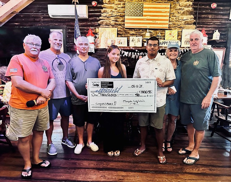 From left, Log Cabin President Tom Flynn, father of recipient Joseph Russo, Bob Lloyd, father of recipient Hannah Lloyd, Mattea Dieckmann, James Walsh, Kathy McFadden, Secretary and Vice-president Pete Breitinger, accepting for Kelsea Cooke.