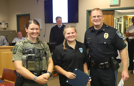 PA Game Warden Hannah Jimenez, scholarship winner Tiana Danas, and Plumstead Township Police Sgt. Tom Rutecki.