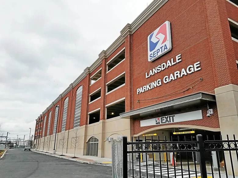 The SEPTA parking garage in Lansdale is seen from the northern exit of the garage facing south toward the Lansdale train station in 2020.