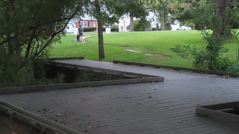 A resident and dog walk through Ninth Street Park in North Wales on Tuesday, Aug. 13, 2024.