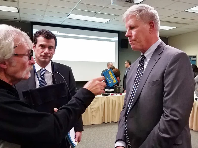 North Penn’s Director of Facilities and Operations Tom Schneider, right, fields questions from WNPV 1440’s Pete Reinert as district Director of Business Administration Steve Skrocki looks on Oct. 17 2019.