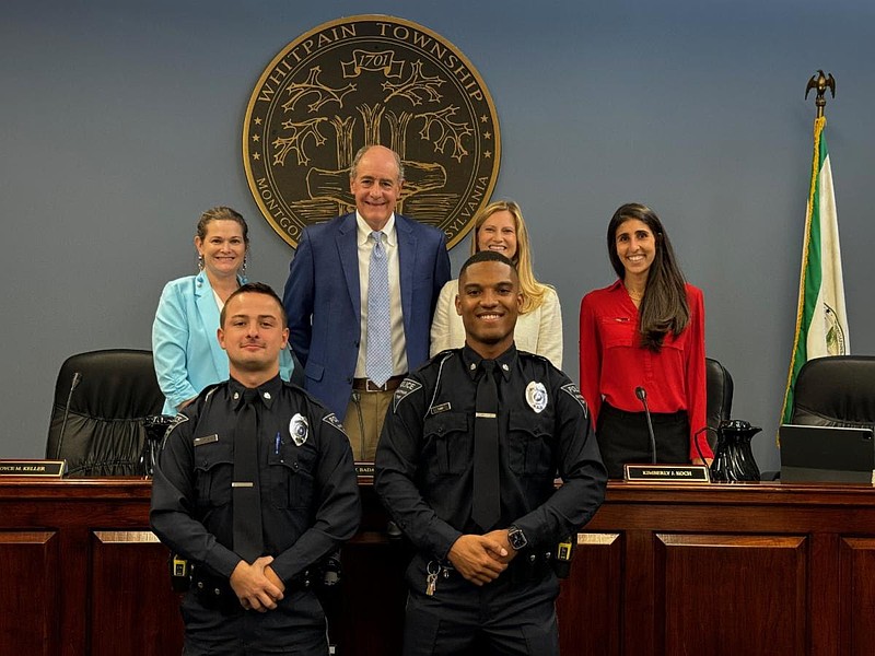 From left to right, in front, are new Officers Robert Nolan and Matthew Terry joined by, in back, Supervisor Joyce Keller, Board Chair Scott Badami, Vice Chair Kim Koch, and Supervisor Sara Selverian. (Photo courtesy of Whitpain Township)