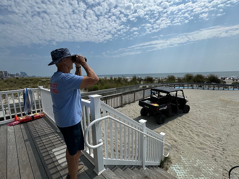 Ventnor Beach Patrol Chief Stan Bergman checks the water following the report of a potential shark bite Sunday morning, Aug. 25, 2024.