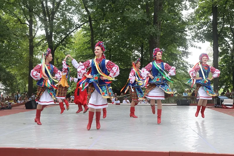 The Voloshky Ukrainian Dance Ensemble performs Vesnianka, a spring song, at the 2024 Ukrainian Folk Festival in Horsham.