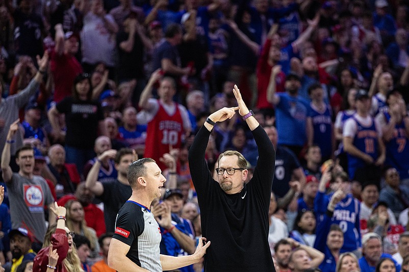 Apr 28, 2024; Philadelphia, Pennsylvania, USA; Philadelphia 76ers head coach Nick Nurse calls a timeout during the second half against the New York Knicks in game four of the first round in the 2024 NBA playoffs at Wells Fargo Center. Mandatory Credit: Bill Streicher-USA TODAY Sports