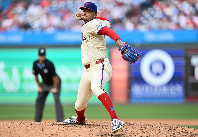 Aug 28, 2024; Philadelphia, Pennsylvania, USA; Philadelphia Phillies starting pitcher Taijuan Walker (99) throws a pitch against the Houston Astros in the fourth inning at Citizens Bank Park. Mandatory Credit: Kyle Ross-USA TODAY Sports