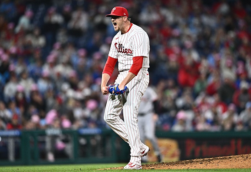 May 5, 2024; Philadelphia, Pennsylvania, USA; Philadelphia Phillies relief pitcher Jeff Hoffman (23) reacts against the San Francisco Giants in the eighth inning at Citizens Bank Park. Mandatory Credit: Kyle Ross-USA TODAY Sports