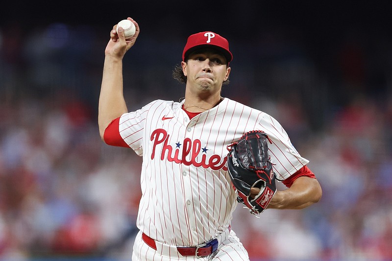 Aug 14, 2024; Philadelphia, Pennsylvania, USA; Philadelphia Phillies pitcher Tyler Phillips (48) throws a pitch during the fifth inning against the Miami Marlins at Citizens Bank Park. Mandatory Credit: Bill Streicher-USA TODAY Sports