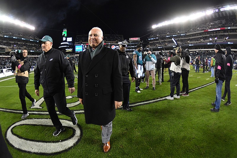 Jan 21, 2023; Philadelphia, Pennsylvania, USA; Philadelphia Eagles owner Jeffrey Lurie walks off the field after win against the New York Giants during an NFC divisional round game at Lincoln Financial Field. Mandatory Credit: Eric Hartline-USA TODAY Sports