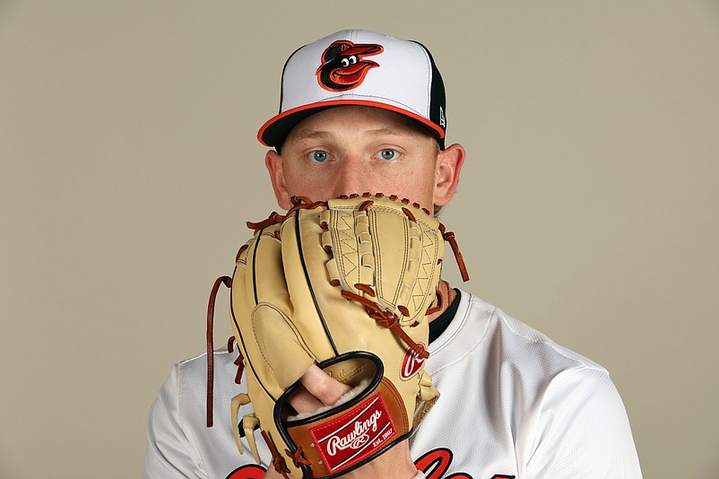 Feb 21, 2024; Sarasota, FL, USA; Baltimore Orioles starting pitcher Seth Johnson (56) poses for a photo during photo day at Ed Smith Stadium. Mandatory Credit: Kim Klement Neitzel-USA TODAY Sports