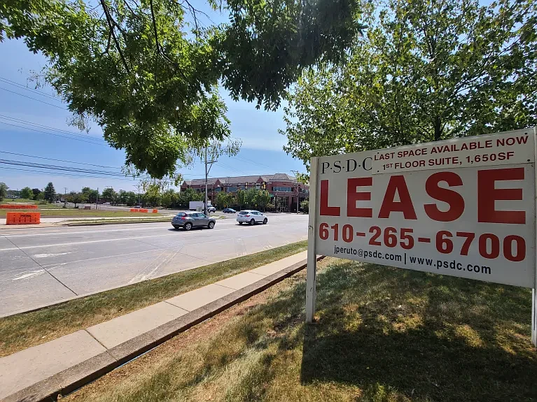 A sign with leasing info for developer PSDC stands at the corner of Forty Foot Road and Sumneytown Pike in Towamencin on Wednesday, Sept, 4, 2024.