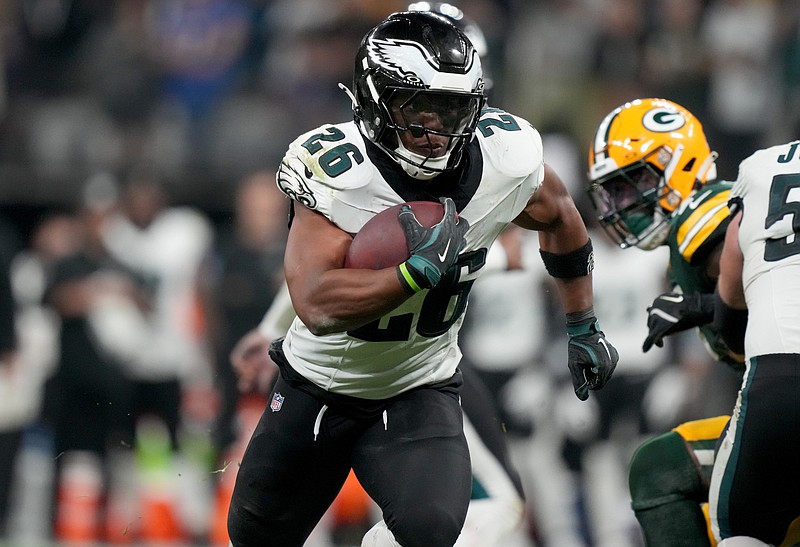 Sep 6, 2024; Sao Paulo, BRA; Philadelphia Eagles running back Saquon Barkley (26) runs during the first half against the Green Bay Packers at Neo Quimica Arena. Mandatory Credit: Kirby Lee-Imagn Images