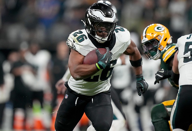 Sep 6, 2024; Sao Paulo, BRA; Philadelphia Eagles running back Saquon Barkley (26) runs during the first half against the Green Bay Packers at Neo Quimica Arena. Mandatory Credit: Kirby Lee-Imagn Images