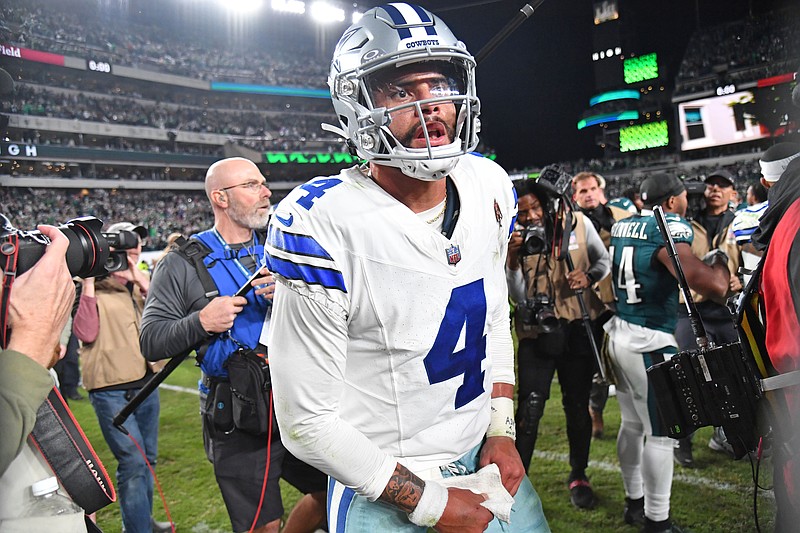 Nov 5, 2023; Philadelphia, Pennsylvania, USA; Dallas Cowboys quarterback Dak Prescott (4) on the field after loss to the Philadelphia Eagles at Lincoln Financial Field. Mandatory Credit: Eric Hartline-USA TODAY Sports