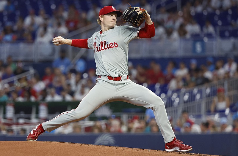 Sep 8, 2024; Miami, Florida, USA;  Philadelphia Phillies starting pitcher Seth Johnson (51) delivers a pitch against the Miami Marlins in the first inning at loanDepot Park. Mandatory Credit: Rhona Wise-Imagn Images