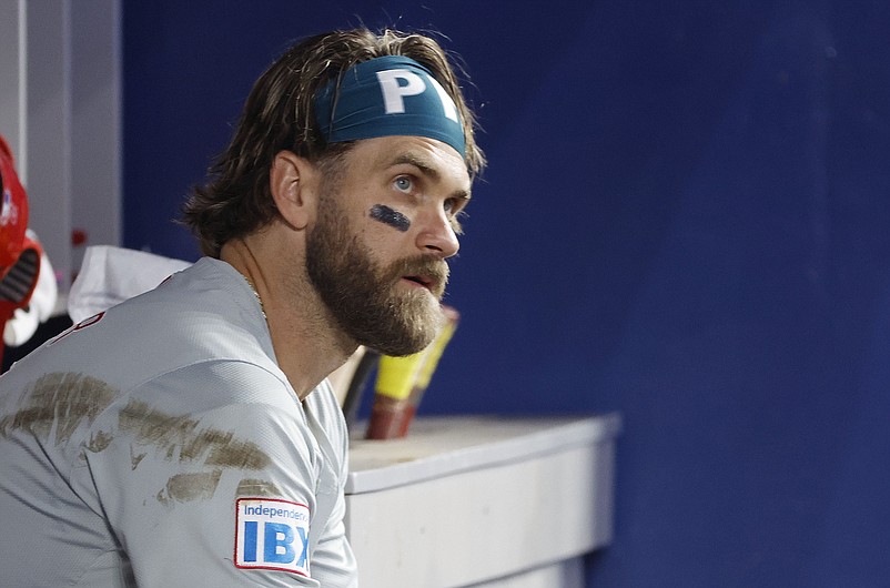 Sep 8, 2024; Miami, Florida, USA;  Philadelphia Phillies first baseman Bryce Harper (3) sits in the dugout against the Miami Marlins in the second inning at loanDepot Park. Mandatory Credit: Rhona Wise-Imagn Images