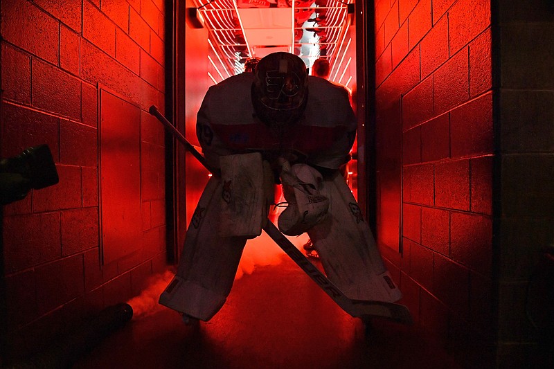 Jan 8, 2024; Philadelphia, Pennsylvania, USA; Philadelphia Flyers goaltender Carter Hart (79) in the tunnel against the Pittsburgh Penguins at Wells Fargo Center. Mandatory Credit: Eric Hartline-USA TODAY Sports