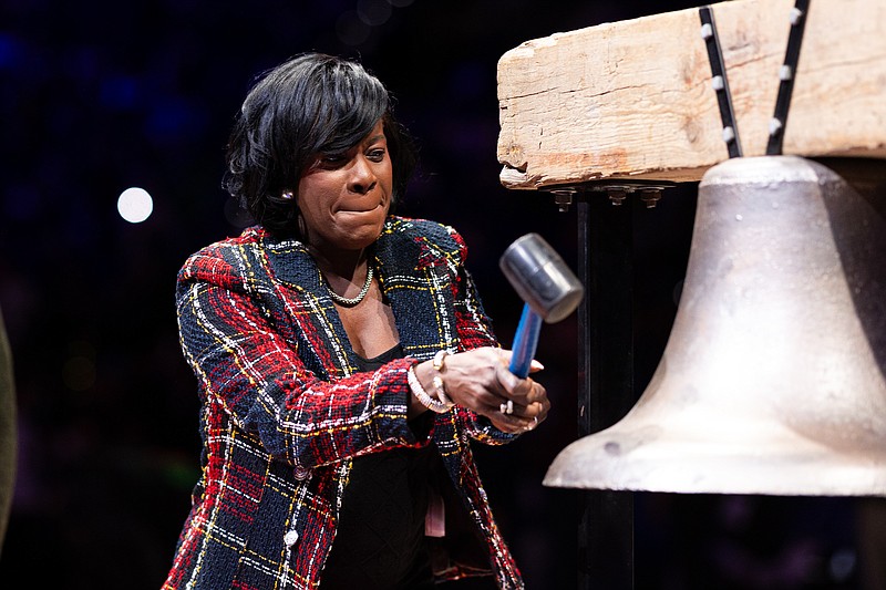 Jan 15, 2024; Philadelphia, Pennsylvania, USA; Philadelphia mayor Cherelle Parker rings the ceremonial bell before action between the Philadelphia 76ers and the Houston Rockets at Wells Fargo Center. Mandatory Credit: Bill Streicher-USA TODAY Sports