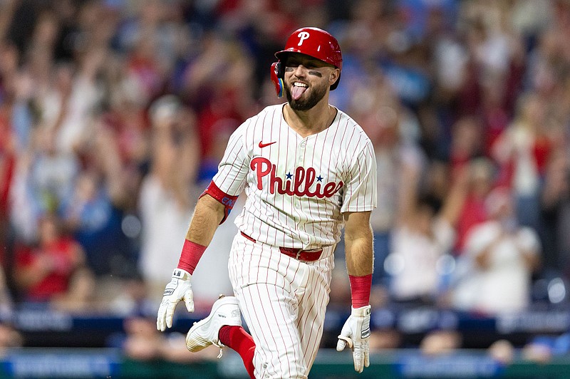 Sep 9, 2024; Philadelphia, Pennsylvania, USA; Philadelphia Phillies first base Kody Clemens (2) reacts after hitting a walk off game winning RBI single during the ninth inning against the Tampa Bay Rays at Citizens Bank Park. Mandatory Credit: Bill Streicher-Imagn Images