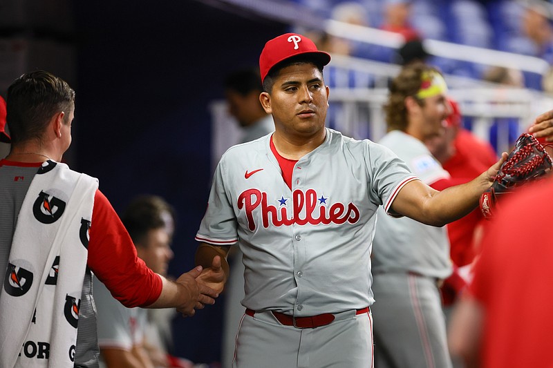 Sep 5, 2024; Miami, Florida, USA; Philadelphia Phillies starting pitcher Ranger Suarez (55) celebrates with teammates against the Miami Marlins after the second inning at loanDepot Park. Mandatory Credit: Sam Navarro-Imagn Images